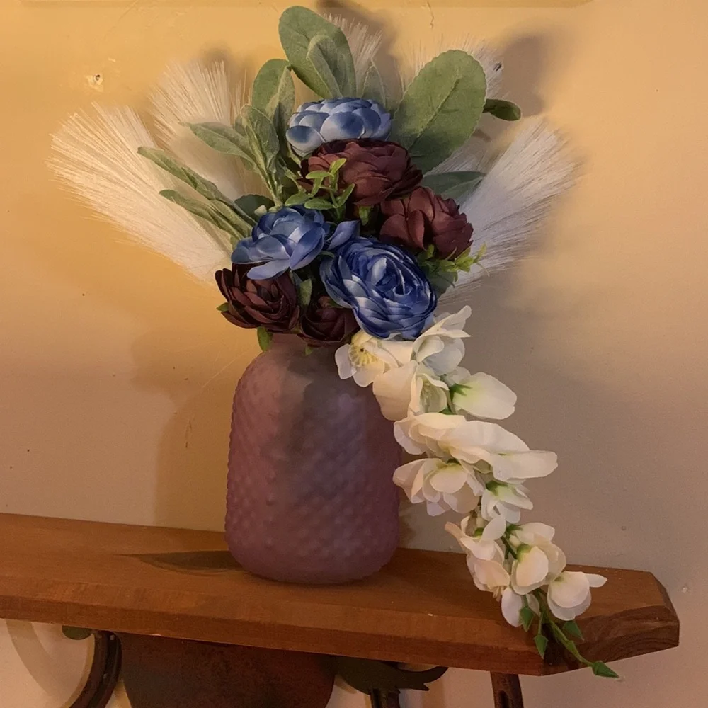 Hand Crafted- Silk floral arrangement with purple textured vase